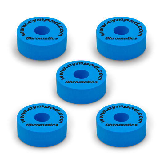 Blue Cympad Chromatics cymbal washers – 5-piece set of high-density foam washers for drum kits, designed to improve cymbal sound, reduce wear, and add visual style.