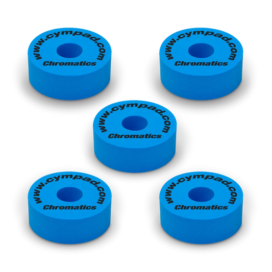 Blue Cympad Chromatics cymbal washers – 5-piece set of high-density foam washers for drum kits, designed to improve cymbal sound, reduce wear, and add visual style.