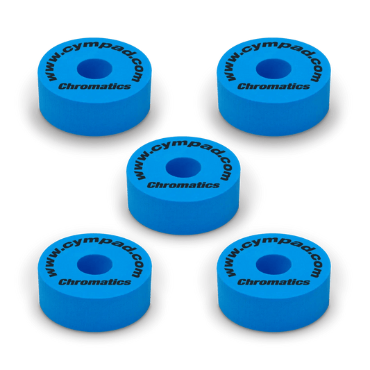 Blue Cympad Chromatics cymbal washers – 5-piece set of high-density foam washers for drum kits, designed to improve cymbal sound, reduce wear, and add visual style.
