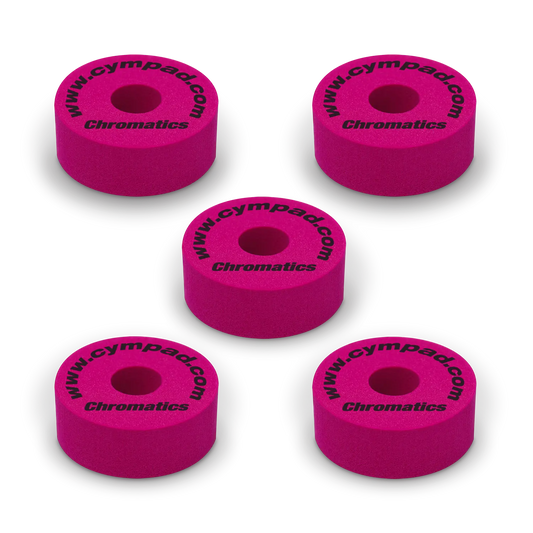 Crimson Cympad Chromatics cymbal washers – 5-piece set of high-density foam washers for drum kits, designed to improve cymbal sound, reduce wear, and add visual style.
