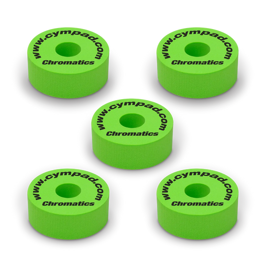 Green Cympad Chromatics cymbal washers – 5-piece set of high-density foam washers for drum kits, designed to improve cymbal sound, reduce wear, and add visual style.