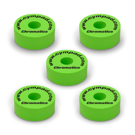 Green Cympad Chromatics cymbal washers – 5-piece set of high-density foam washers for drum kits, designed to improve cymbal sound, reduce wear, and add visual style.