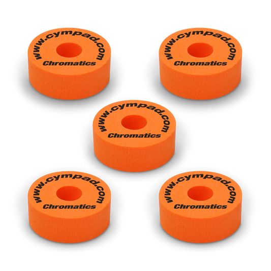 Orange Cympad Chromatics cymbal washers – 5-piece set of high-density foam washers for drum kits, designed to improve cymbal sound, reduce wear, and add visual style.