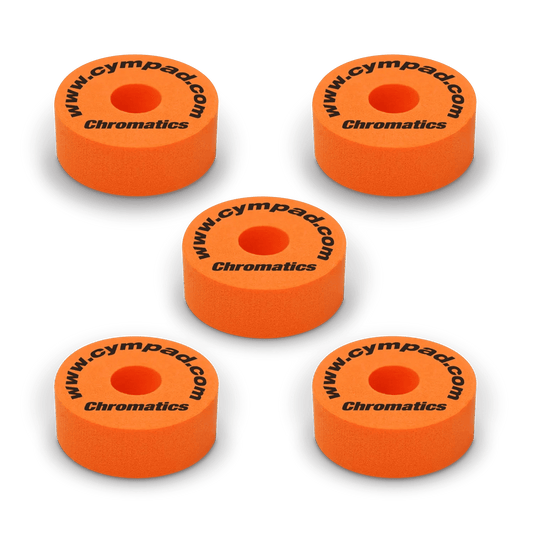 Orange Cympad Chromatics cymbal washers – 5-piece set of high-density foam washers for drum kits, designed to improve cymbal sound, reduce wear, and add visual style.