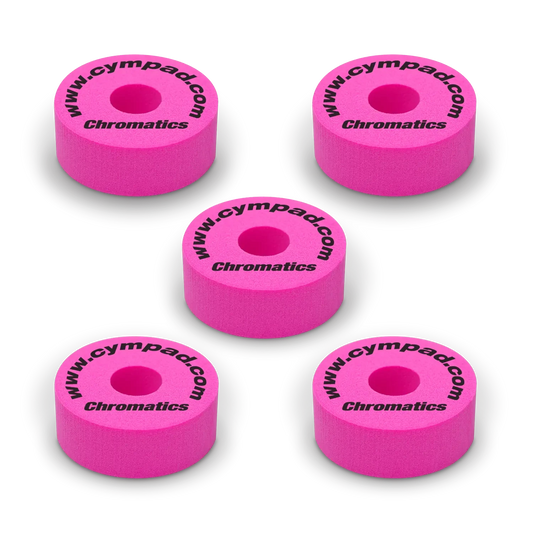 Pink Cympad Chromatics cymbal washers – 5-piece set of high-density foam washers for drum kits, designed to improve cymbal sound, reduce wear, and add visual style.