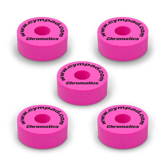 Pink Cympad Chromatics cymbal washers – 5-piece set of high-density foam washers for drum kits, designed to improve cymbal sound, reduce wear, and add visual style.