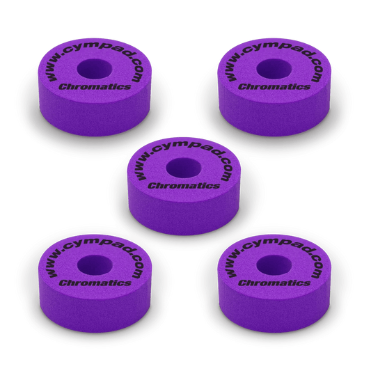 Purple Cympad Chromatics cymbal washers – 5-piece set of high-density foam washers for drum kits, designed to improve cymbal sound, reduce wear, and add visual style.