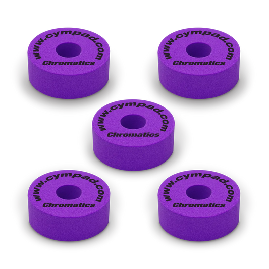 Purple Cympad Chromatics cymbal washers – 5-piece set of high-density foam washers for drum kits, designed to improve cymbal sound, reduce wear, and add visual style.