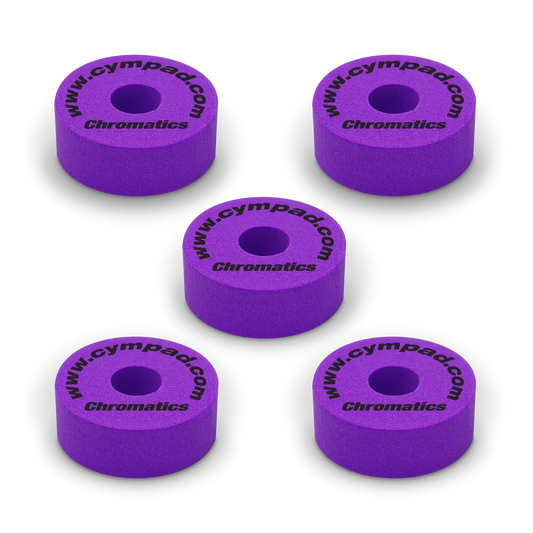 Purple Cympad Chromatics cymbal washers – 5-piece set of high-density foam washers for drum kits, designed to improve cymbal sound, reduce wear, and add visual style.