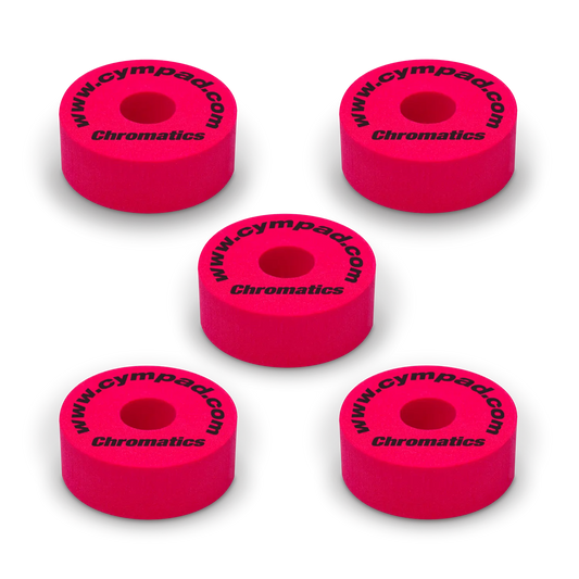Red Cympad Chromatics cymbal washers – 5-piece set of high-density foam washers for drum kits, designed to improve cymbal sound, reduce wear, and add visual style.
