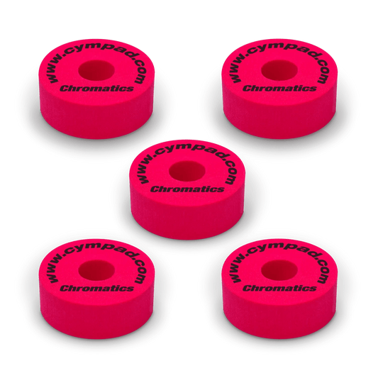 Red Cympad Chromatics cymbal washers – 5-piece set of high-density foam washers for drum kits, designed to improve cymbal sound, reduce wear, and add visual style.
