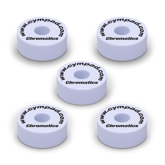 White Cympad Chromatics cymbal washers. 5-piece foam washer set for cymbals; improves cymbal sound, reduces wear, adds style.