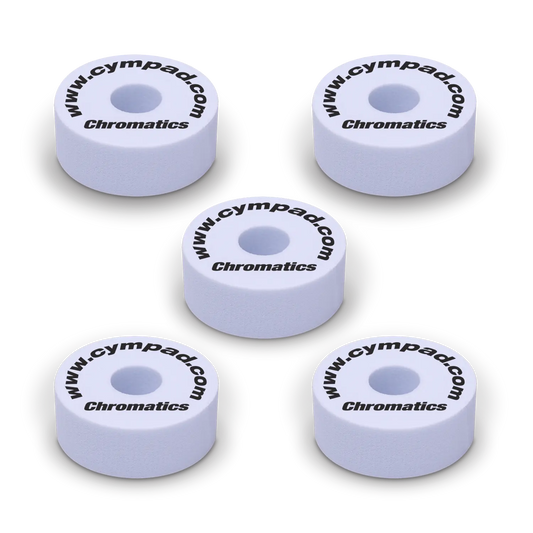 White Cympad Chromatics cymbal washers – 5-piece set of high-density foam washers for drum kits, designed to improve cymbal sound, reduce wear, and add visual style.