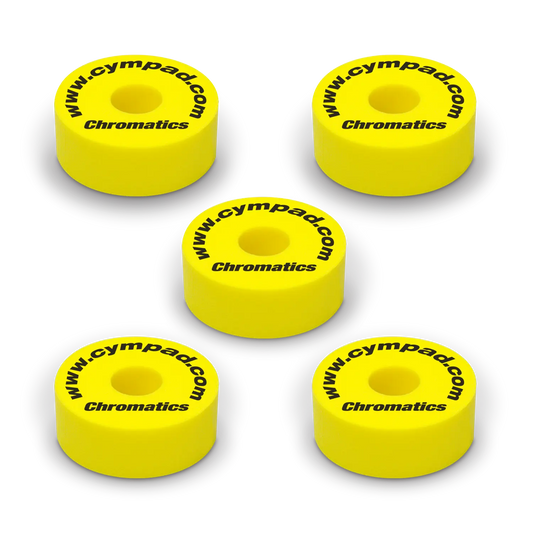 Yellow Cympad Chromatics cymbal washers – 5-piece set of high-density foam washers for drum kits, designed to improve cymbal sound, reduce wear, and add visual style.