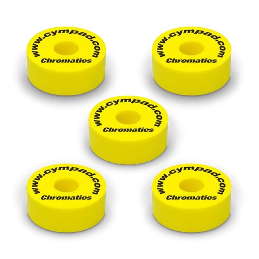 Yellow Cympad Chromatics cymbal washers – 5-piece set of high-density foam washers for drum kits, designed to improve cymbal sound, reduce wear, and add visual style.