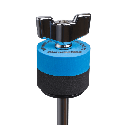 Blue Cympad Chromatics cymbal washer installed on a cymbal stand with a wing nut, showing foam washer placement for improved cymbal control, sound, and protection.