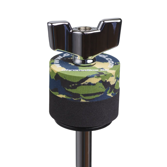 SE Cympad Chromatics cymbal washer installed on a cymbal stand with a wing nut, showing foam washer placement for improved cymbal control, sound, and protection.