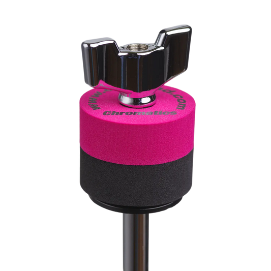 Crimson Cympad Chromatics cymbal washer installed on a cymbal stand with a wing nut, showing foam washer placement for improved cymbal control, sound, and protection.