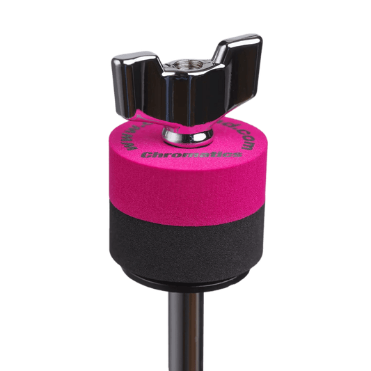 Crimson Cympad Chromatics cymbal washer installed on a cymbal stand with a wing nut, showing foam washer placement for improved cymbal control, sound, and protection.