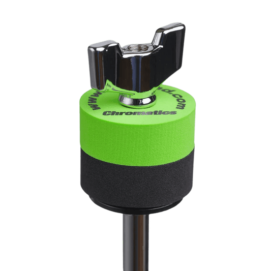 Green Cympad Chromatics cymbal washer installed on a cymbal stand with a wing nut, showing foam washer placement for improved cymbal control, sound, and protection.