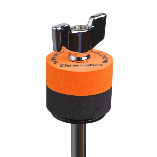 Orange Cympad Chromatics cymbal washer installed on a cymbal stand with a wing nut, showing foam washer placement for improved cymbal control, sound, and protection.