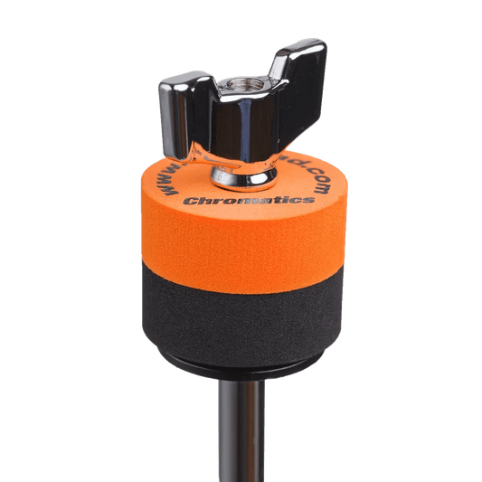 Orange Cympad Chromatics cymbal washer installed on a cymbal stand with a wing nut, showing foam washer placement for improved cymbal control, sound, and protection.