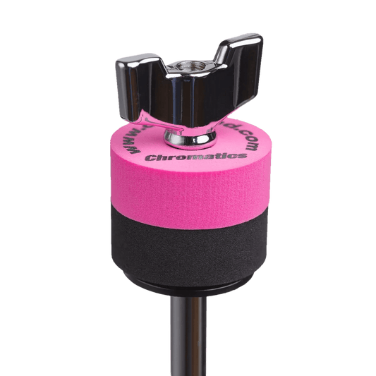 Pink Cympad Chromatics cymbal washer installed on a cymbal stand with a wing nut, showing foam washer placement for improved cymbal control, sound, and protection.