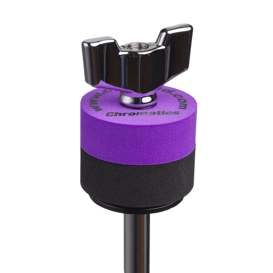 Purple Cympad Chromatics cymbal washer installed on a cymbal stand with a wing nut, showing foam washer placement for improved cymbal control, sound, and protection.