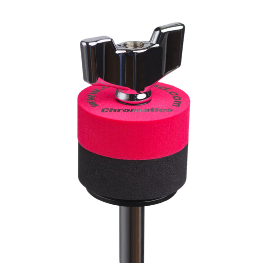 Red Cympad Chromatics cymbal washer installed on a cymbal stand with a wing nut, showing foam washer placement for improved cymbal control, sound, and protection.