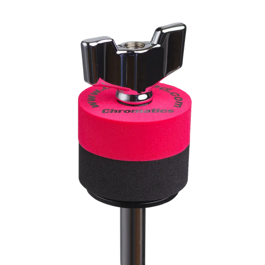 Red Cympad Chromatics cymbal washer installed on a cymbal stand with a wing nut, showing foam washer placement for improved cymbal control, sound, and protection.