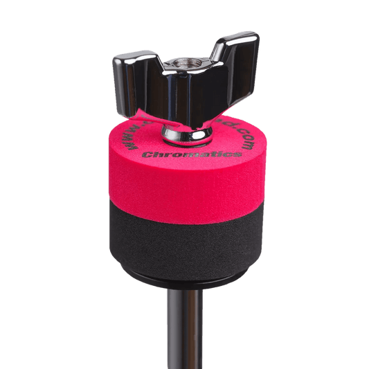 Red Cympad Chromatics cymbal washer installed on a cymbal stand with a wing nut, showing foam washer placement for improved cymbal control, sound, and protection.