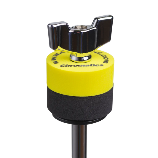 Yellow Cympad Chromatics cymbal washer installed on a cymbal stand with a wing nut, showing foam washer placement for improved cymbal control, sound, and protection.