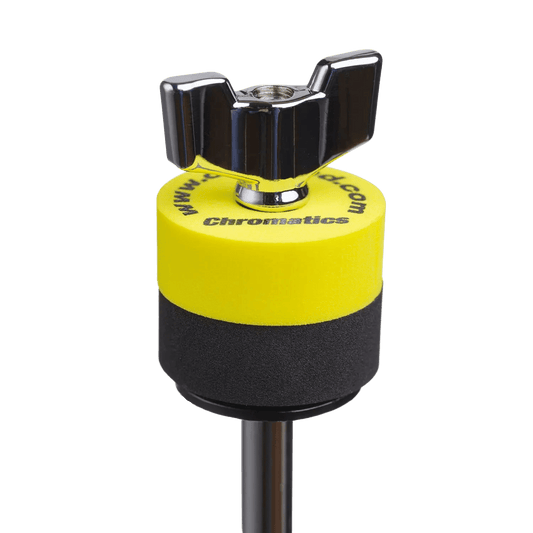 Yellow Cympad Chromatics cymbal washer installed on a cymbal stand with a wing nut, showing foam washer placement for improved cymbal control, sound, and protection.