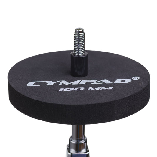Cympad Moderator 100mm mounted on a cymbal stand – Extra-large black foam washer for optimal sound dampening and overtone control. Ideal for drummers seeking volume reduction without compromising feel or responsiveness.