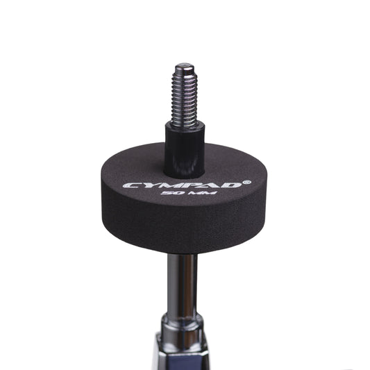 Cympad Moderator 50mm mounted on a cymbal stand – Extra-large black foam washer for optimal sound dampening and overtone control. Ideal for drummers seeking volume reduction without compromising feel or responsiveness.