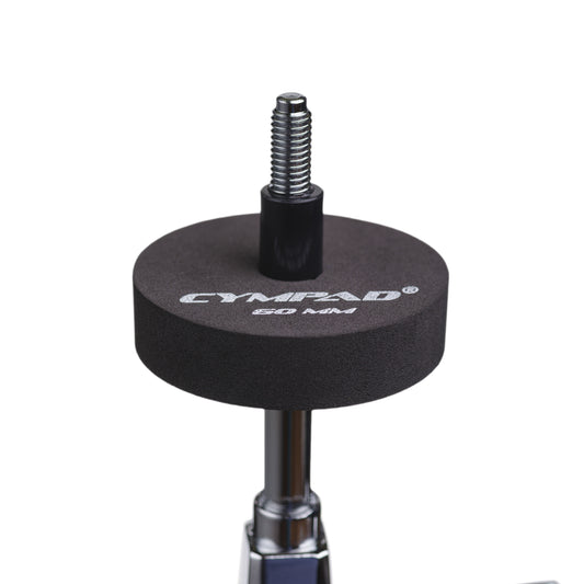 Cympad Moderator 60mm mounted on a cymbal stand – Extra-large black foam washer for optimal sound dampening and overtone control. Ideal for drummers seeking volume reduction without compromising feel or responsiveness.