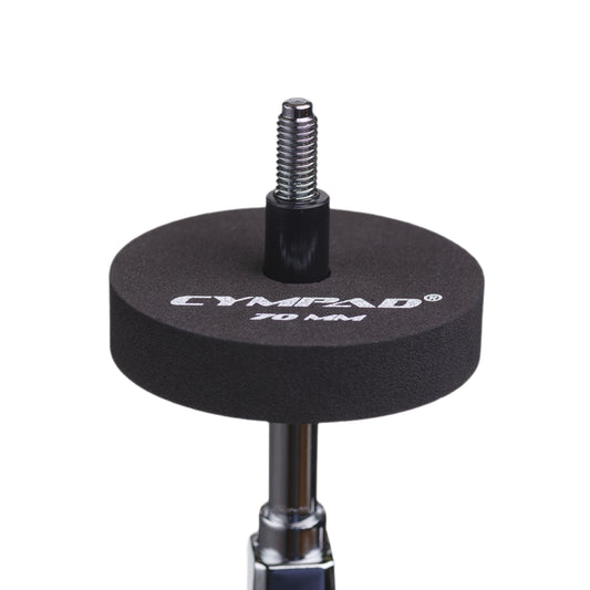Cympad Moderator 70mm mounted on a cymbal stand – Extra-large black foam washer for optimal sound dampening and overtone control. Ideal for drummers seeking volume reduction without compromising feel or responsiveness.