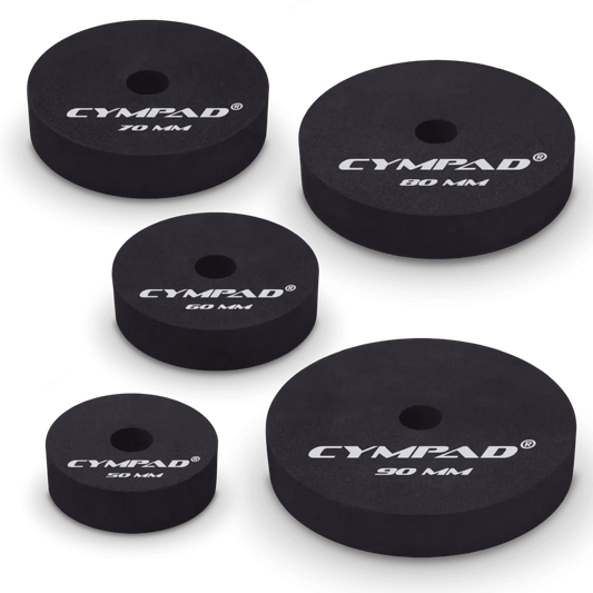Cympad Moderator Super Set – 10-piece cymbal washer set in various sizes (50mm to 90mm), designed to reduce cymbal volume and overtones for a more controlled sound. Ideal for practice, live performance, and studio sessions. High-quality foam construction with clear size markings and Cympad logo