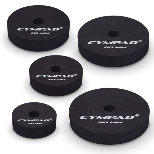 Cympad Moderator Super Set – 10-piece cymbal washer set in various sizes (50mm to 90mm), designed to reduce cymbal volume and overtones for a more controlled sound. Ideal for practice, live performance, and studio sessions. High-quality foam construction with clear size markings and Cympad logo