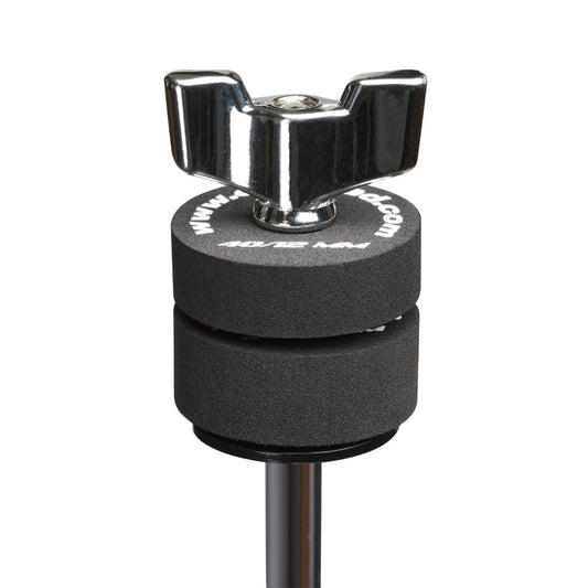 Cympad Optimizer 12mm washers placed on a cymbal stand, featuring white text. These durable washers are designed to improve cymbal performance, offering enhanced control, stability, and sound quality for drummers.