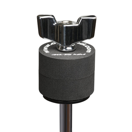 Cympad Optimizer 15mm washers placed on a cymbal stand, featuring white text. These durable washers are designed to improve cymbal performance, offering enhanced control, stability, and sound quality for drummers.