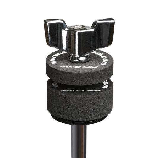 Cympad Optimizer 8mm washers placed on a cymbal stand,featuring white text. These durable washers are designed to improve cymbal performance, offering enhanced control, stability, and sound quality for drummers.