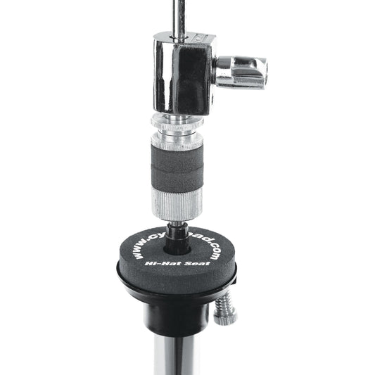 Cympad Optimizer Hi-Hat, Clutch, and Seat set displayed on a cymbal stand, with each piece featuring white text. This high-quality set is designed to improve cymbal performance, providing enhanced control, stability, and durability for drummers.