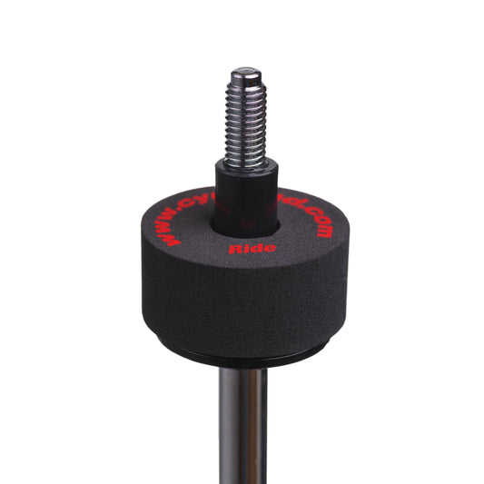 Cympad Optimizer Ride Washer placed on a cymbal stand, featuring red text. These washers are designed to enhance cymbal sound and performance, offering superior control and durability for drummers.