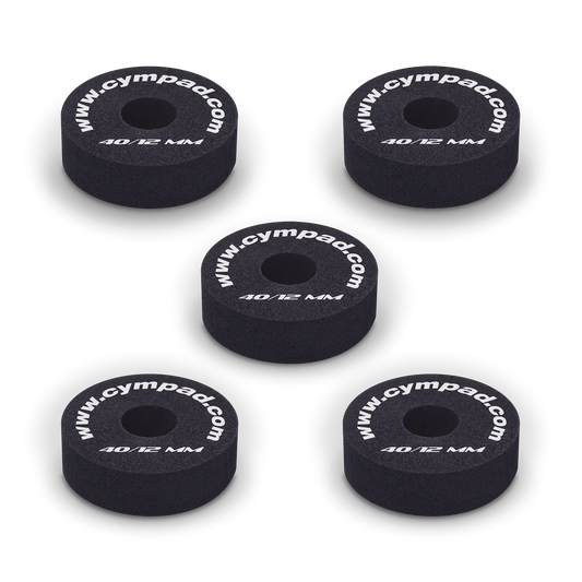 Five Cympad Optimizer 12mm washers arranged together, each featuring white text. These durable washers are designed to improve cymbal performance by providing enhanced control, stability, and sound quality for drummers.