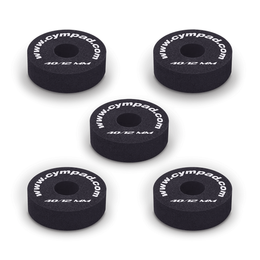 Five Cympad Optimizer 12mm washers arranged together, each featuring white text. These durable washers are designed to improve cymbal performance by providing enhanced control, stability, and sound quality for drummers.