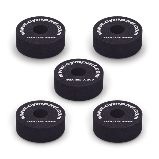 Five Cympad Optimizer 15mm washers arranged together, each featuring white text. These durable washers are designed to improve cymbal performance by providing enhanced control, stability, and sound quality for drummers.