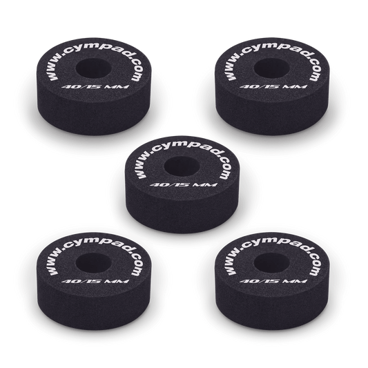 Five Cympad Optimizer 15mm washers arranged together, each featuring white text. These durable washers are designed to improve cymbal performance by providing enhanced control, stability, and sound quality for drummers.