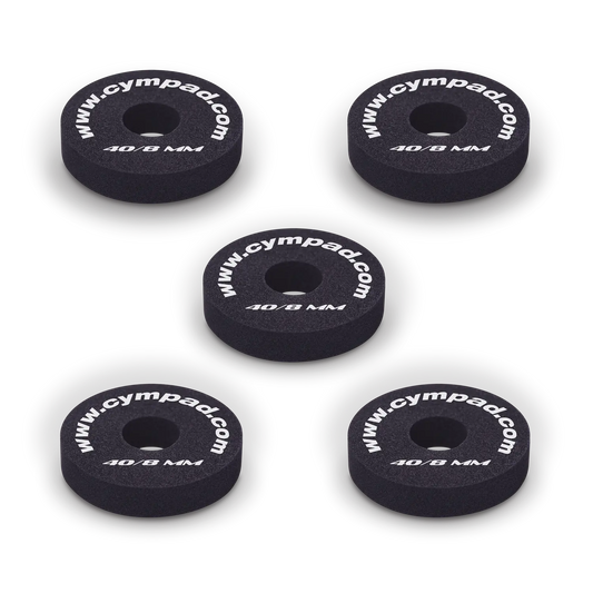 Five Cympad Optimizer 8mm washers arranged together, each featuring white text. These durable washers are designed to improve cymbal performance by providing enhanced control, stability, and sound quality for drummers.