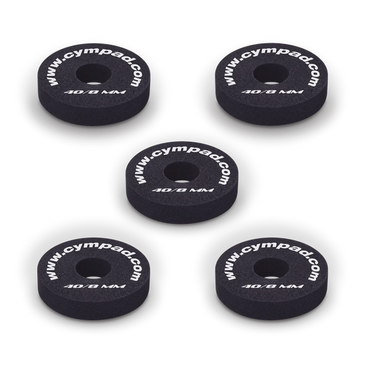 Five Cympad Optimizer 8mm washers arranged together, each featuring white text. These durable washers are designed to improve cymbal performance by providing enhanced control, stability, and sound quality for drummers.